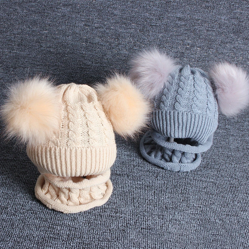 Baby Boys Girls Beanie Cotton Ball Warm Hat Cap Set Children's Wool Hat Imitation Braid Hair Double Ball Hat Scarf Suit Knit Hat