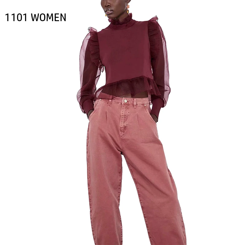 ZA новая весенняя женская красная Лоскутная прозрачная шифоновая Повседневная