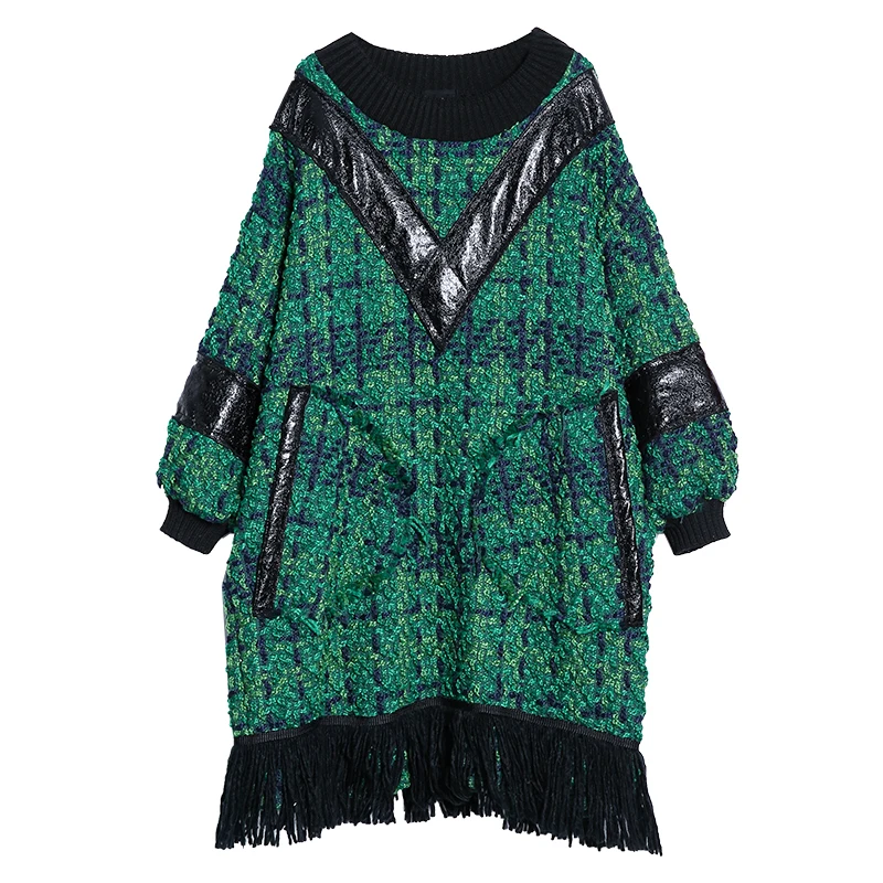 [EAM] женское твидовое платье с кисточками большого размера, новинка, круглый вырез, длинный рукав, свободный крой, мода, весна-осень, 1H253 - Цвет: green