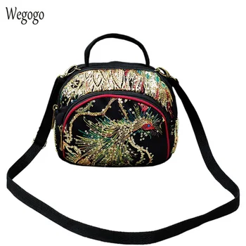 

Shiny Sequins Peacock Embroidered Women Canvas Bag Phoenix Shoulder Messenger Bags Vintage Totes Handbag