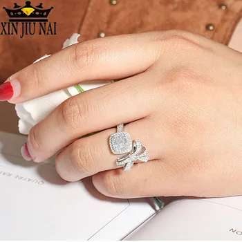 

S925 Sterling Silver Moissanite 18K White Gold Group Inlaid Yellow Diamond Bowknot Beautiful Luxury Engagement Wedding Ring