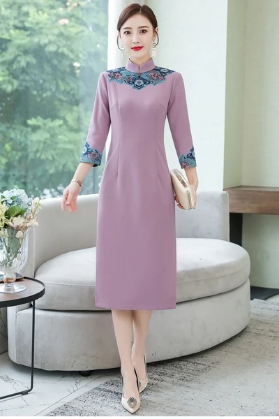 ASYH-8225# Высокий воротник Таро розовые платья матери невесты свадебное платье Cheongsam длинное бархатное и плотное платье - Цвет: Taro Pink