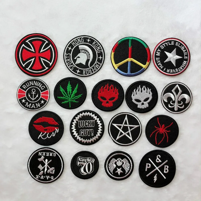 

50pcs/lot Round Embroidery Patches Letters Clothing Accessories Bag Biker Decoration Skull Hemp Badge Iron Heat Transfer
