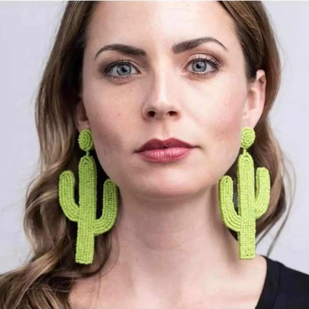 Miwens Boho Unique Green Cactus Beads Drop Earrings Women Elegant Handmade Beaded Eyes Statement Earrings Charm Flamingo Jewelry
