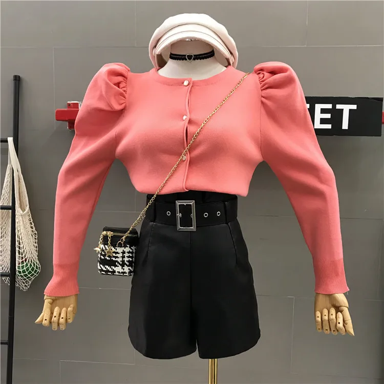 ALPHALMODA, новинка, однобортный женский кардиган с рукавом-фонариком, модный вязаный кардиган, однотонный Повседневный вязаный наряд на осень и зиму