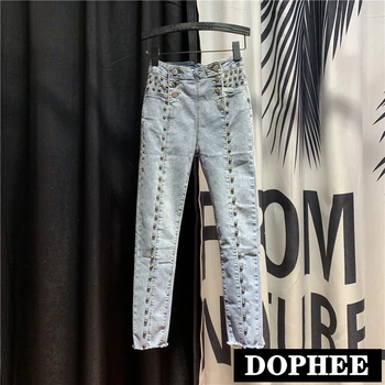 

New Fashion Button Skinny Jeans Trousers Women 2020 Spring High Waist Heavy Bead Rivet Pencil Pants Trend Denim Pants
