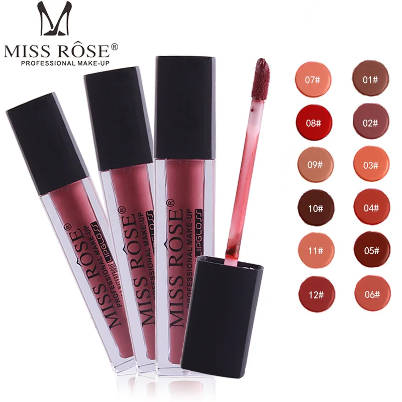 

MISS ROSE 12-color Lip Gloss Square Tube Dumb Black Cover Waterproof Lip Gloss matte lipstick best selling 2019 products