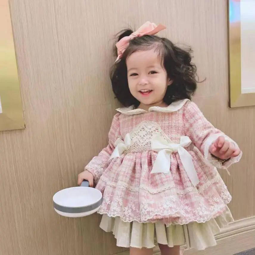 3PCS Baby Girl Thicker Wool Plaid Vintage Spanish Princess Ball Gown Dress image 2