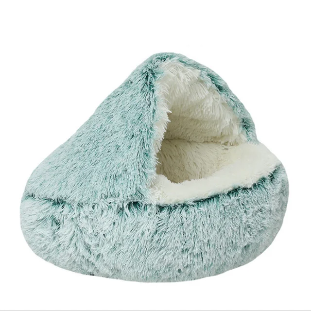 Winter Cat Bed Long Plush Pet Cat Cushion Warm Sleep Bag Bed Round Half-Pack Cat Basket Lounger Nest For Small Medium Large Dog Green Long Plush