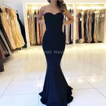 

Sweetheart Mermaid Evening Dress Dark Navy Long vestido de festa Floor Length Prom Dress Simple Satin Formal Party Gowns New