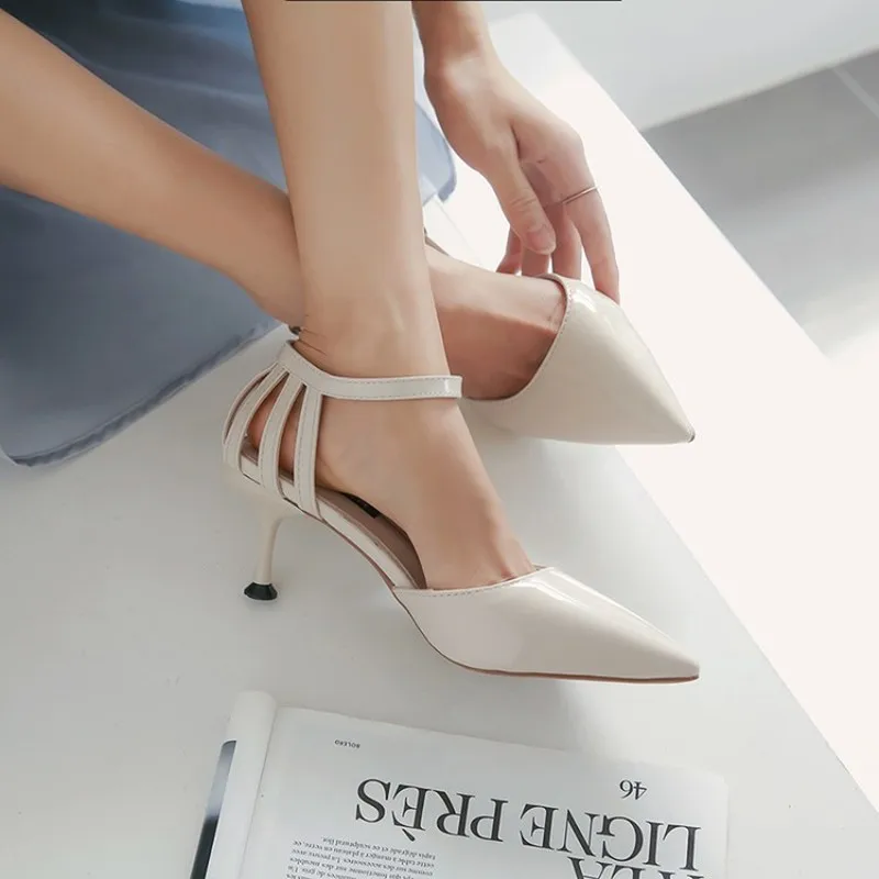 

New Fashion High 5-8CM Thin Heels Women Pumps Ankle Strap Sandals Shoes Woman Ladies Pointed Toe Dress Party High Heels Y16-18