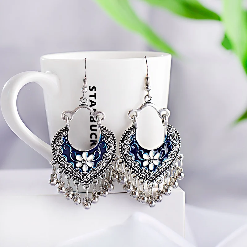 Boho Gypsy Tassel Indian Drop Earrings Women Orecchini Jewelry Ladies Retro Blue Flower Silver Color Jhumka Earrings drop earrings dangle earrings flower earrings
