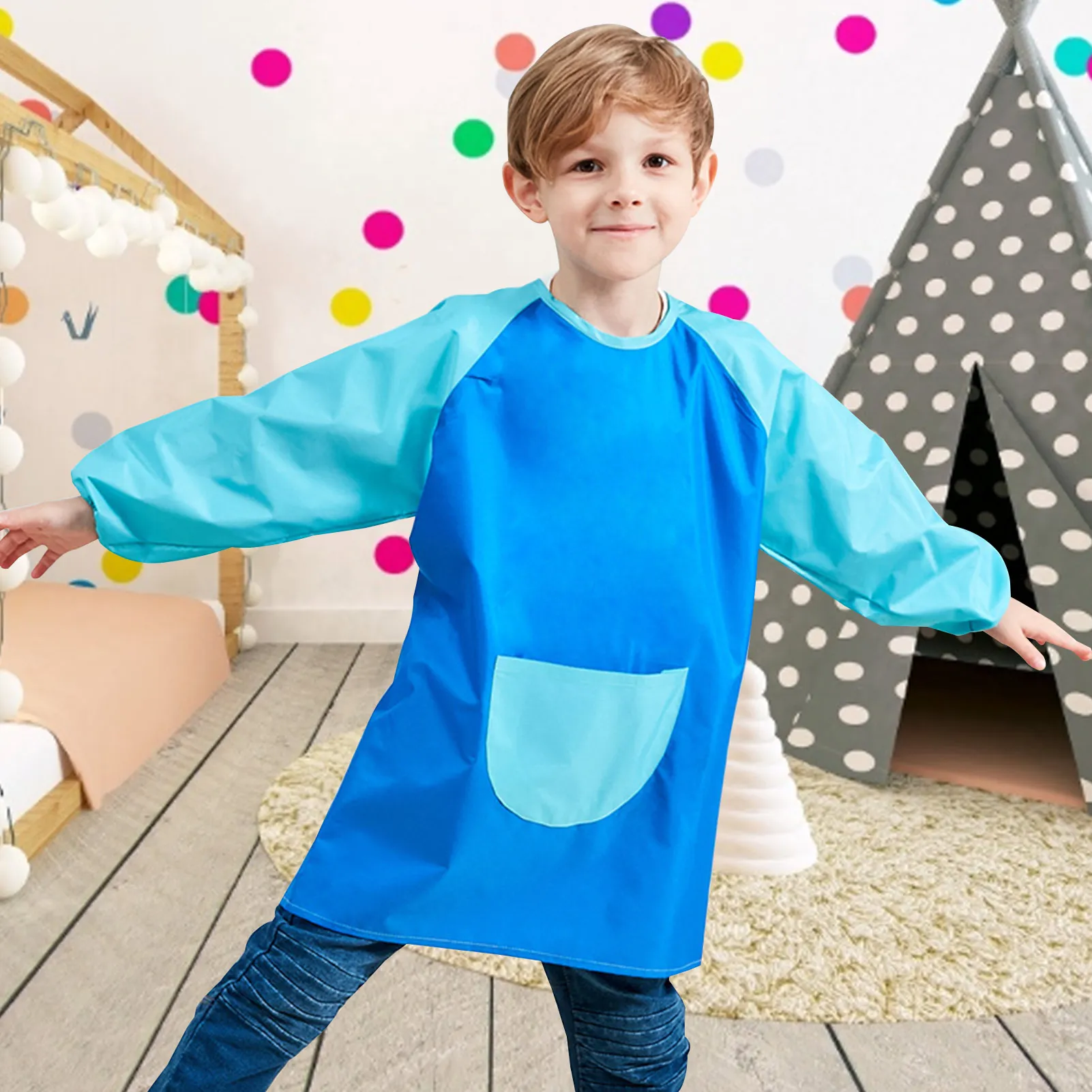 Grembiule Pittura Bambini Impermeabile Con Maniche Lunghe E Tasche - Per Età 7-12 Anni, Multicolore