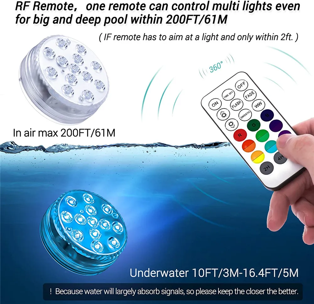 2020 Upgrade Magnet RGB Submersible Light IP68 13LEDs Underwater Night Lamp Outdoor Vase Bowl Pond Swimming Pool Decor Lamp under water light