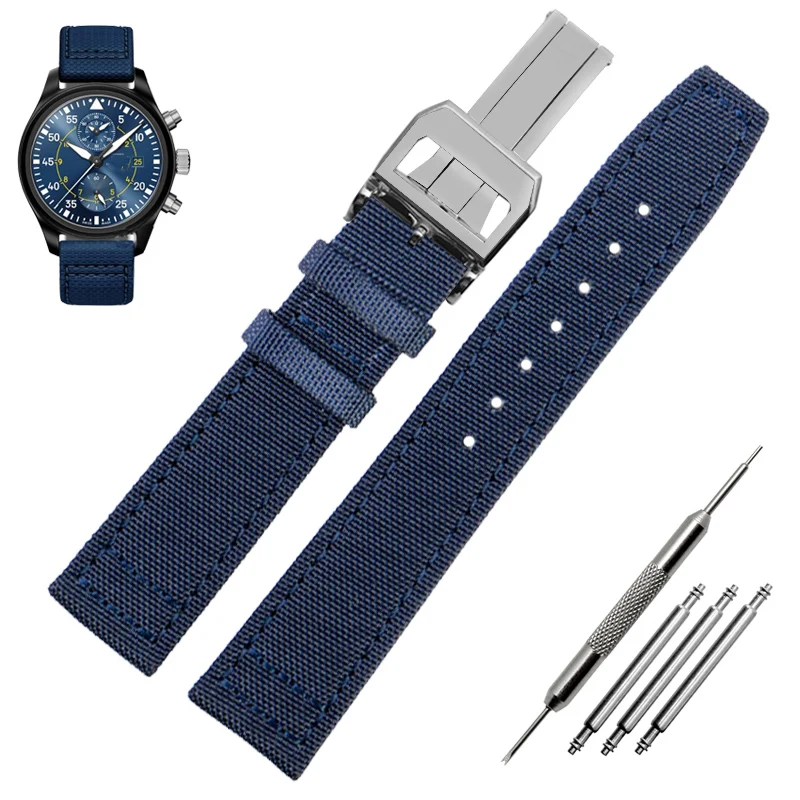 Green and Black Nylon Leather Watch Band Strap with Silver Pin Buckle - High Quality