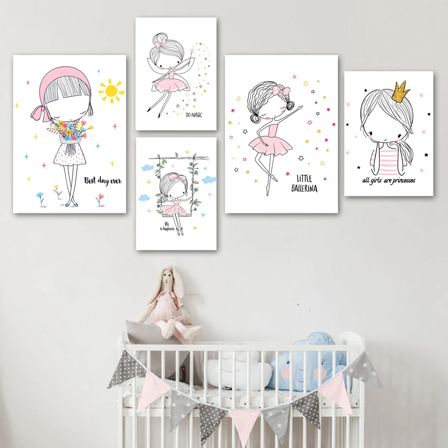 Cartoon-Pink-Princess-Girl-Nordic-Posters-And-Prints-Wall-Art-Canvas-Painting-Wall-Pictures-Kids-Baby