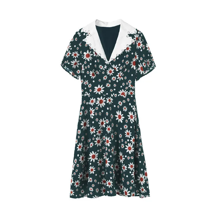 Prairie Chic Green Floral Print Dress Spring Summer Notched Collar Short Sleeve Daisy Print A-line Knee-Length Women Dress
