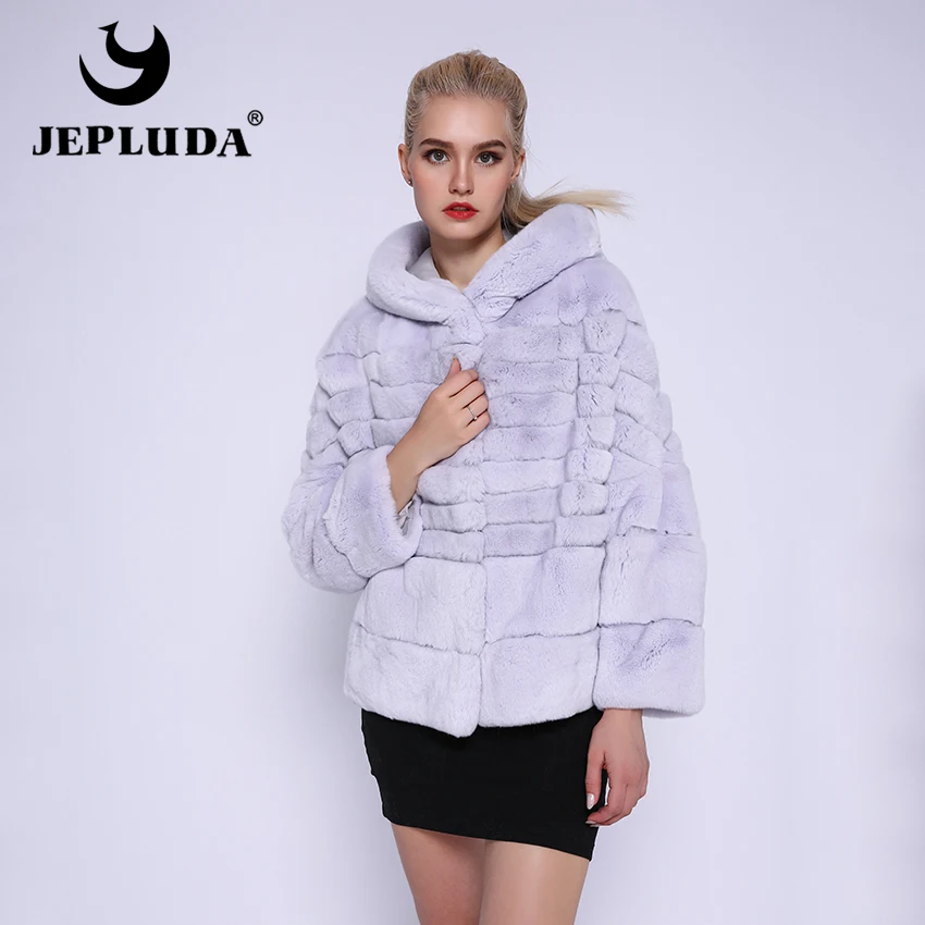 

JEPLUDA Fashion Short Natural Rex Rabbit Fur Coat Bat Type Stripe Hooded Real Fur Coat Women Winter Thick Warm Real Fur jacket