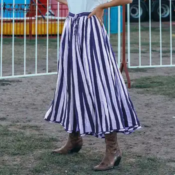 

ZANZEA 2020 Vintage Stripes Skirts High Waist Long Maxi Skirts Women's Bohemian Vestidos Female Solid Robe Oversized Faldes 7