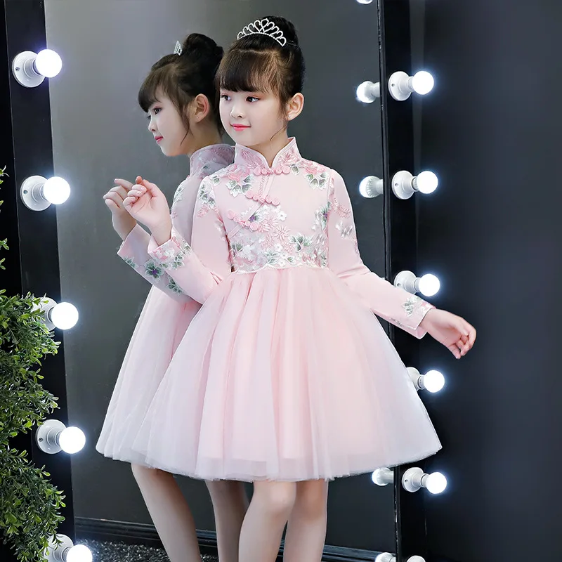 Платье принцессы Ципао для девочек осенняя одежда в западном стиле детское красное платье с длинными рукавами китайский костюм Новинка года
