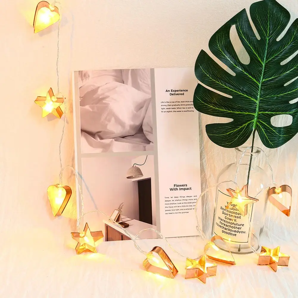 

10LED Hollow Love Heart + Five-pointed Star Light String Battery Box Holiday Xmas Decorative Lighting Home Atmosphere Night Lamp