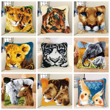 

Tiger Lion Latch Hook Pillow Sets Forest Style Cushion Embroidered Crafts Latch Hook Rug Kits DIY For Needlework Punk Stripes F