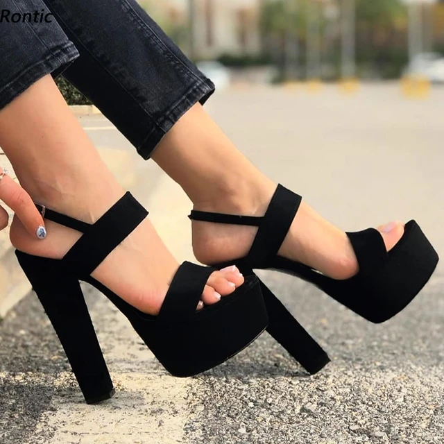 Rontic Handmade Women Platform Sandals Buckle Strap Chunky Heels Open Toe  Pretty Black Dress Shoes Ladies