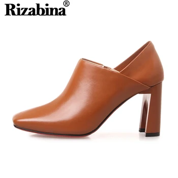 

RIZABINA Women Pumps Shoes Fashion Square Toe Special High Heels Shoes Women Genuine Leather Solid Color Footwear Size 33-40