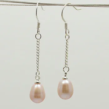 

Real pearl jewellery,7-8mm lavender rice freshwater pearl earrings 925 sterling silver chain dangle earring charming women gift
