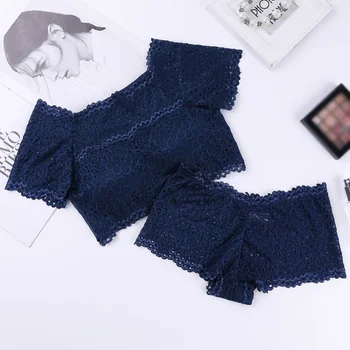 

Women Underwear Set Solid Color Lace Ladies Sexy Off Shoulder Female Vest Underwear Set Short-sleeved Boxer Outfits