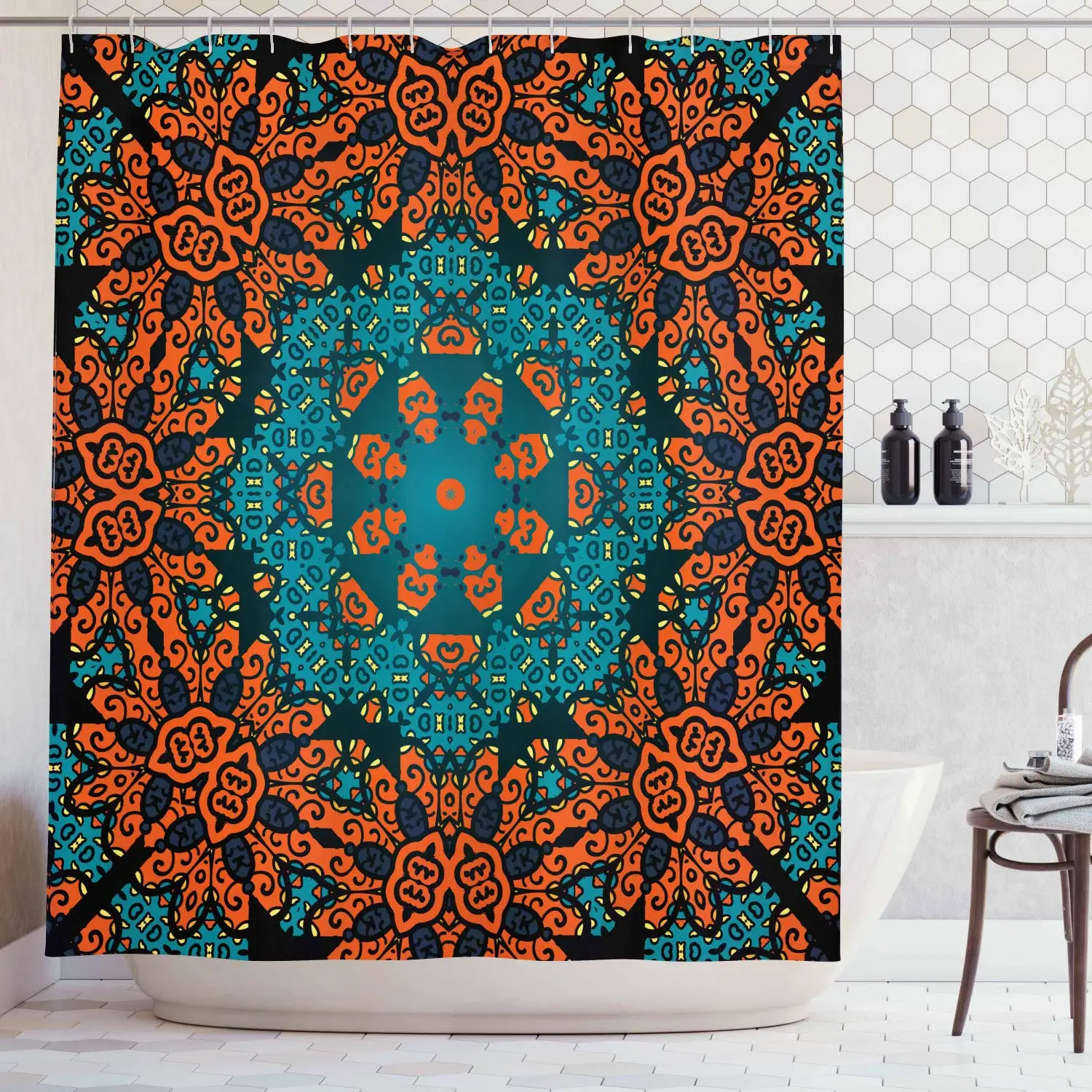 Round Flowers Floral Patterns With Psychedelic Motif Boho Hippie Style Bathroom Decor Teal Orange Shower Curtains Aliexpress