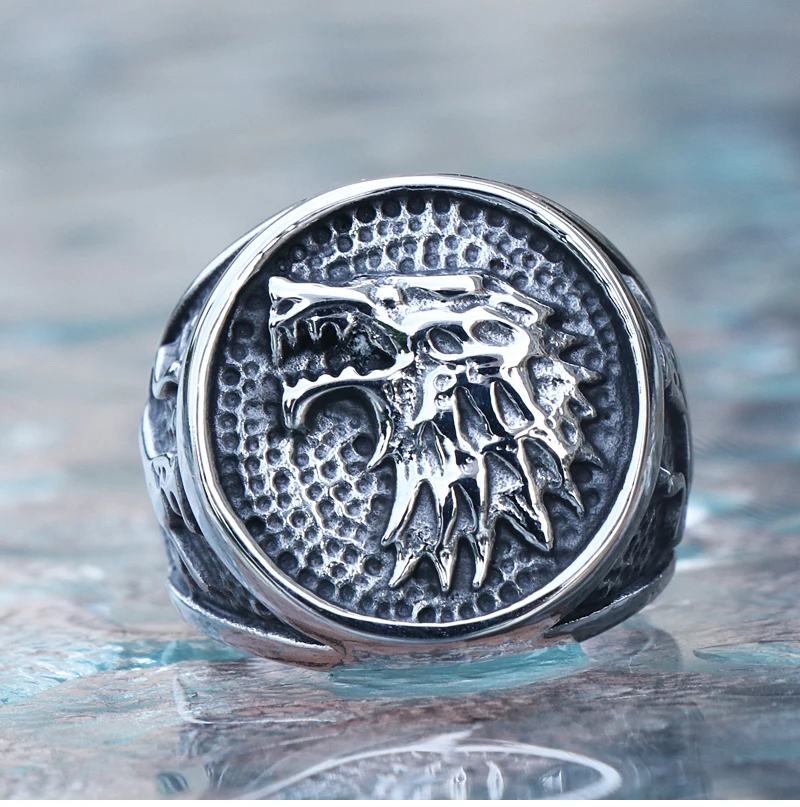 BAVAHA Stainless Steel Game Thrones Ice Wolf House Stark of Winterfell Biker Animal Ring Fashion Jewelry