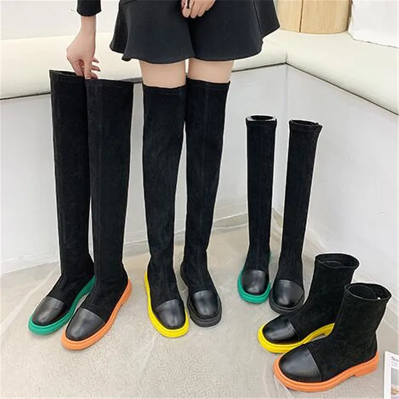 

Spring Autumn Over The Knee Flat Boots Women Flock Stretch Fabric Thigh High Sexy Female Long Bota Feminina zapatos de mujer