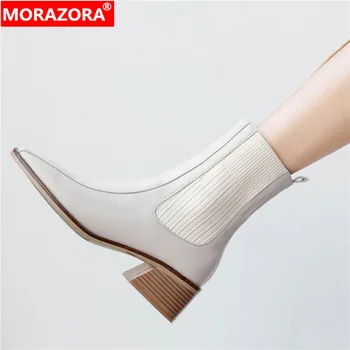 

MORAZORA 2020 hot sale simple genuine leather solid color ankle boots for woman med heels square toe women boots black beige