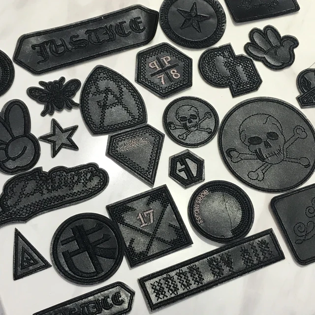 New metal Black Leather Embroidered Patches for Clothes Iron on Clothes  Jacket Appliques Badge Stripe Sticker