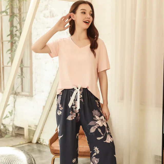 Breathable 2PCS Pajama Short Sleeve Printed Pijama Mujer Femme Loose Nightwear Suit Female Casual Homewear Pajama Set For Women S
