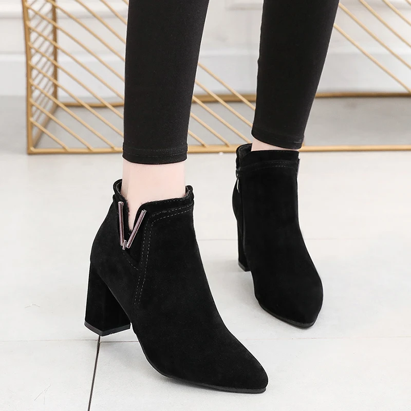 

Autumn Boots Pointe Shoes Booties Ladies Chunky Heel Bootee Woman 2019 Martins For Women Chelsea Zipper Pointy High Heel Rock