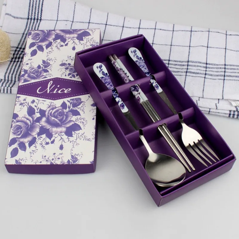 3PCS//Set Stainless Steel Fork Spoon Chopsticks Chinese Kitchen Tableware Gifts