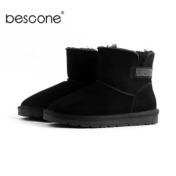 

BESCONE Winter Women's Boots Warm Snow Solid Round Toe Keep Warm Square Heel Handmade Sewing Fashion Shoes New Ankle Boots BX33