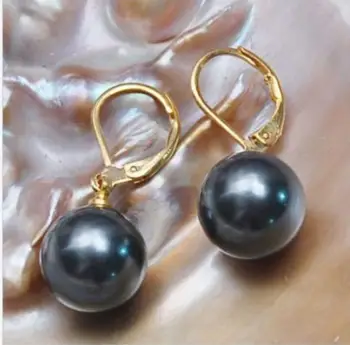

Fashion jewelry Free Shipping charming paif of 12mm tahitian round black shell pearl earring Jewelry