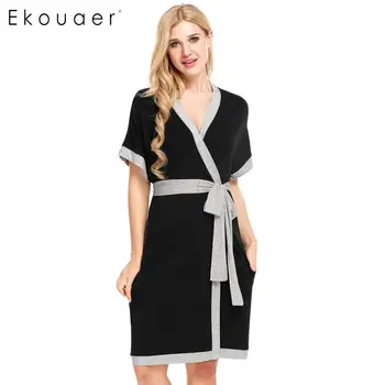 

Ekouaer Womens Sleeveless Solid Contrast Color Loose Robe With Belt V Neck Self Belt Bathrobe Night Sexy Robes Night Grow Kimono