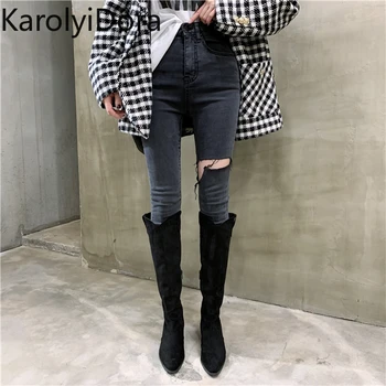 

High waisted jeans skinny Fashion 2020 Spring Korean version of the new washed gray single-leg cut was thin skinny feet jeans