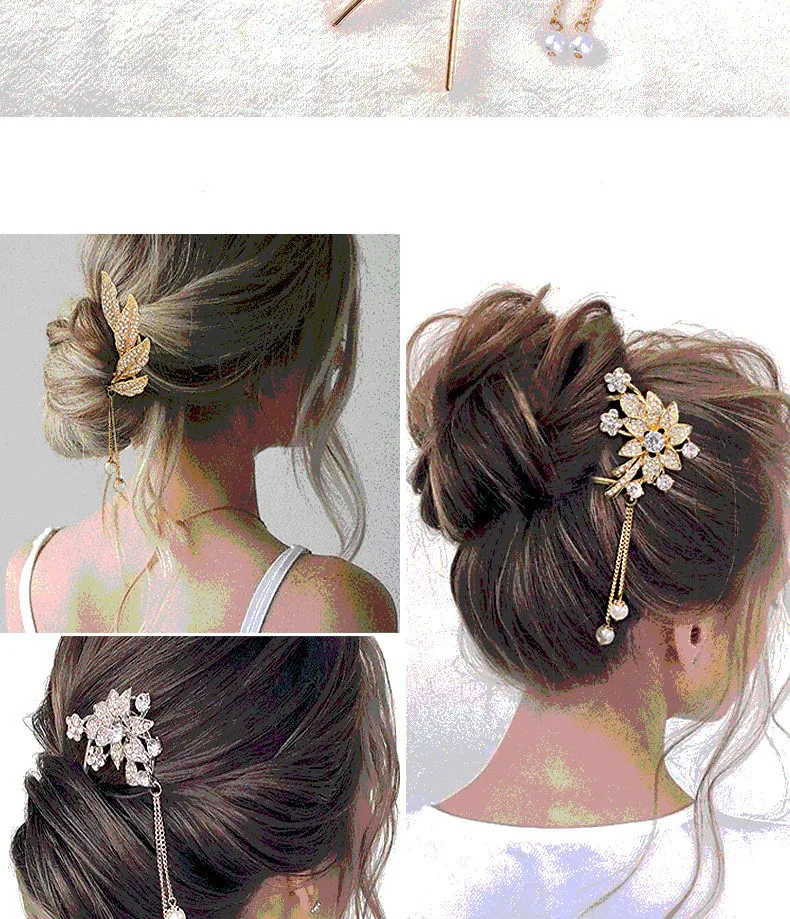 Fashion Rhinestones Metal Hair Sticks Tassel Hair Combs for Women Hair Accessories Ponytail Holder Hairpin Hairstyle Stick Clips flapper headband