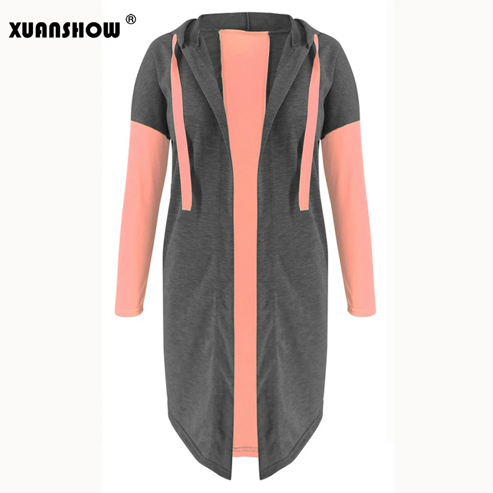 XUANSHOW/Новое поступление осенних толстовок с открытым стежком женские куртки модные Светоотражающие зеленые розовые Лоскутные Длинные женские пальто Mujer