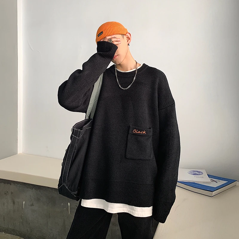 Зимний свитер мужской теплый модный однотонный Повседневный вязаный пуловер мужская уличная свободная одежда с длинными рукавами свитер Мужская одежда M-2XL - Цвет: black