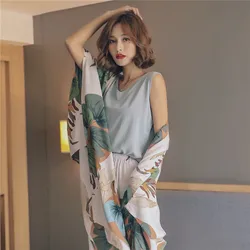 Spring Summer Women Pajamas Sets Floral Printed Viscose Robe Top and Shorts Female Sleepwear Night Suit