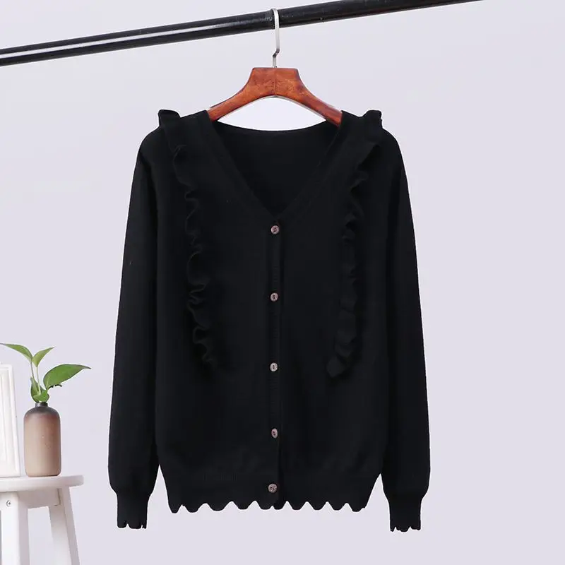 

Korean Style Solid Color Ruffles Sweater Fashion Trend Decoration V-neck Long-sleeved Knit Cardigan
