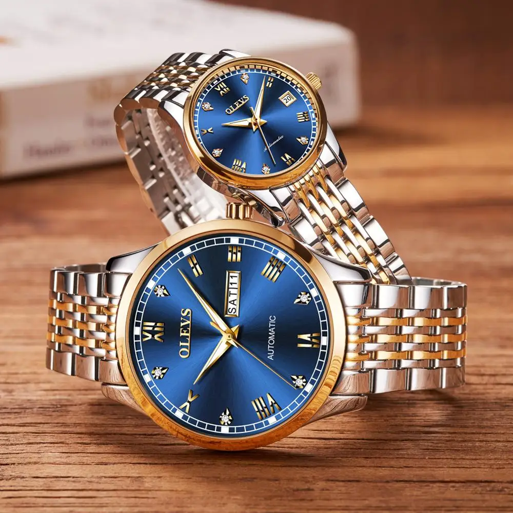 Reloj de pulsera mecánico automático para parejas, doble Calendario de lujo, banda de reloj de acero de tungsteno, reloj impermeable para amantes
