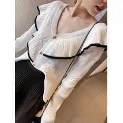 Новый осенний свитер 2019 корейская версия v-образный вырез длинный рукав большой лист лотоса вязаный кардиган кардиганы с v-образным вырезом