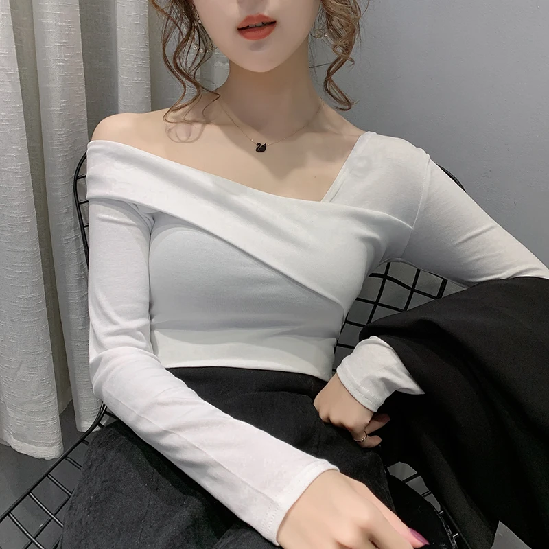 Одежда с открытыми плечами для женщин ins wind sexy dew shoulder all render наклонные плечи Футболка без подкладки Верхняя одежда летняя fa - Цвет: White